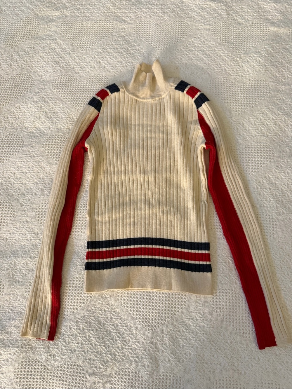 rag & bone Cream Ribbed Turtleneck with Red and Navy Stripes